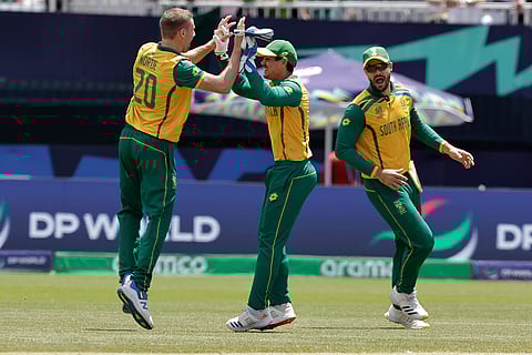 Anrich Nortje celebrates Najmul Hossain Shanto's wicket